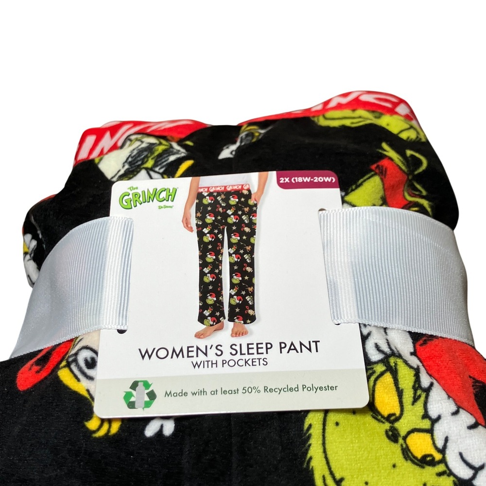 The Grinch Sleep Pants Women 2X Black New Christmas Fleece Lounge Dr Seuss - Picture 2 of 6